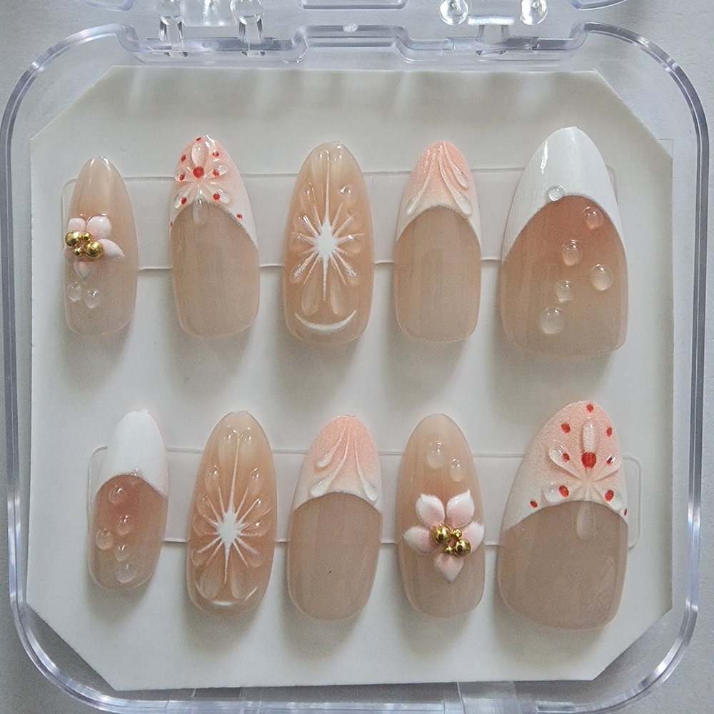 3D Water Droplet & Floral Press On Nails - Peach Peach French Tip - Size Medium